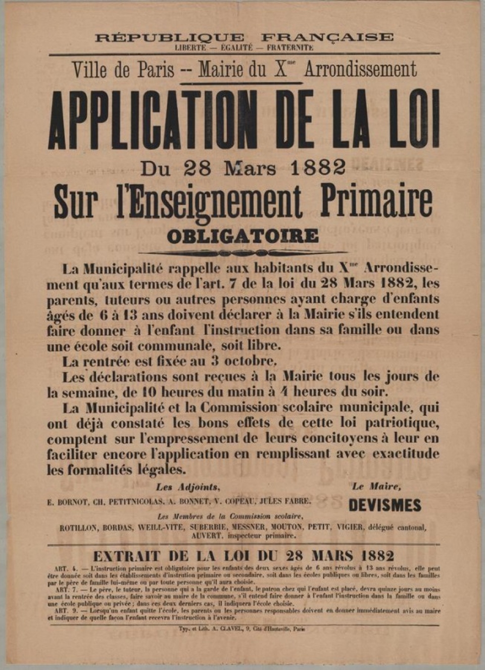 affiche application loi 1882 instruction primaire obligatoire 
